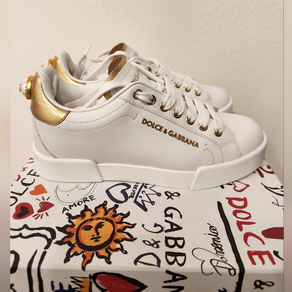 Dolce & Gabbana White and Gold Portofino Sneakers